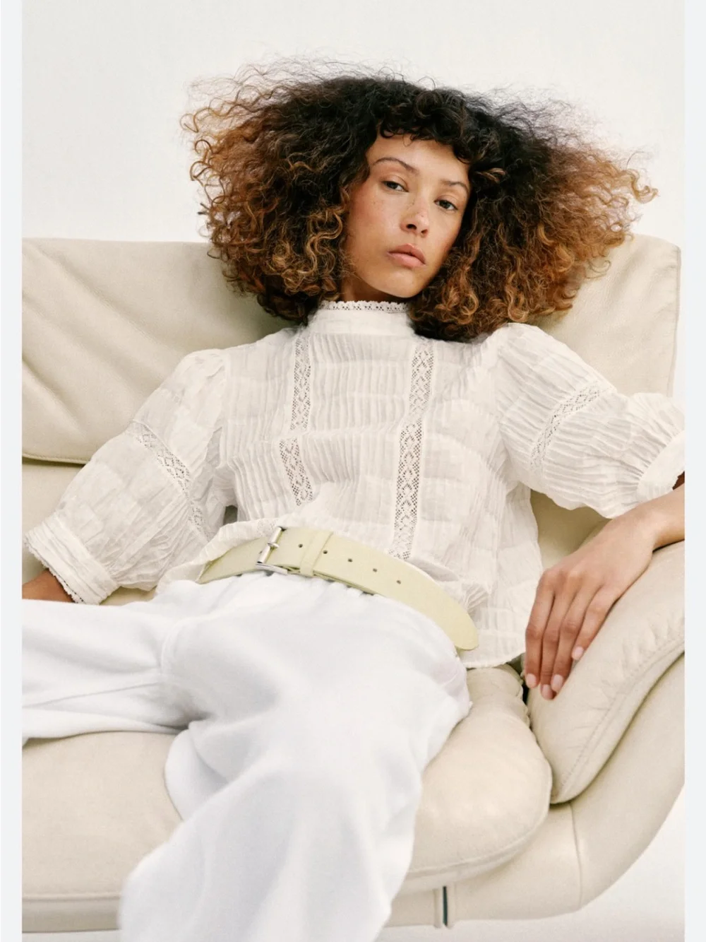 Zara Cream Lace-Panel Puff Sleeve Blouse